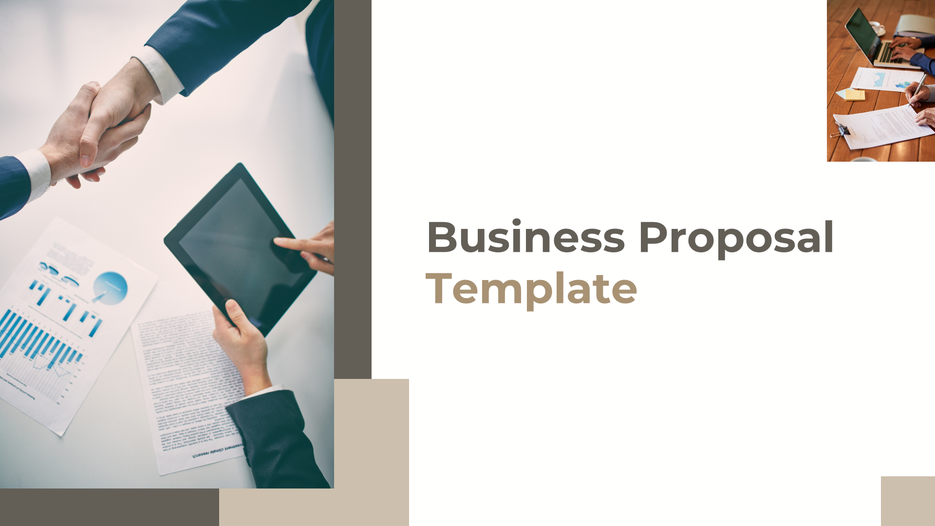 Slide deck showcasing professional business proposal template with mix of images, charts, and structured text sections.