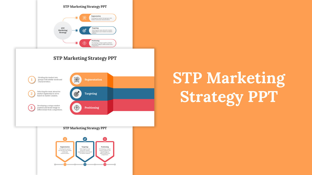 STP Marketing Strategy slides with visuals for segmentation, targeting, and positioning with icons and different layouts.