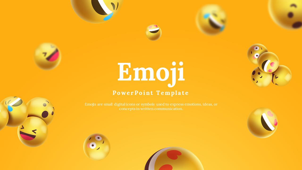 Slide pack featuring various emojis like smiling, crying, and heart eyes, with descriptions, against a yellow background.