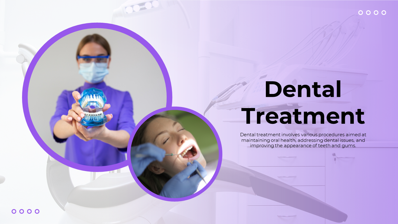 Dental treatment slides covering various procedures with text descriptions on a Vilot theme.