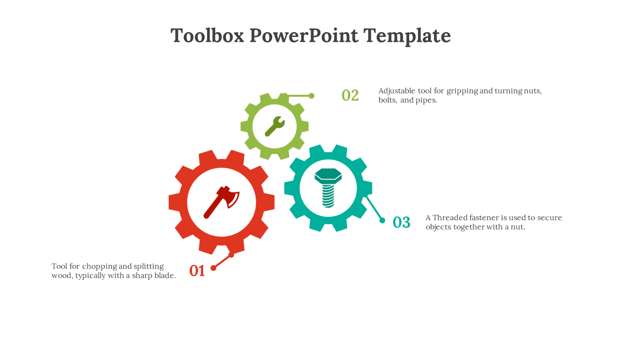 A pack of toolbox slides featuring icons of tools like a wrench, axe, and screw in colorful gears on a white background.