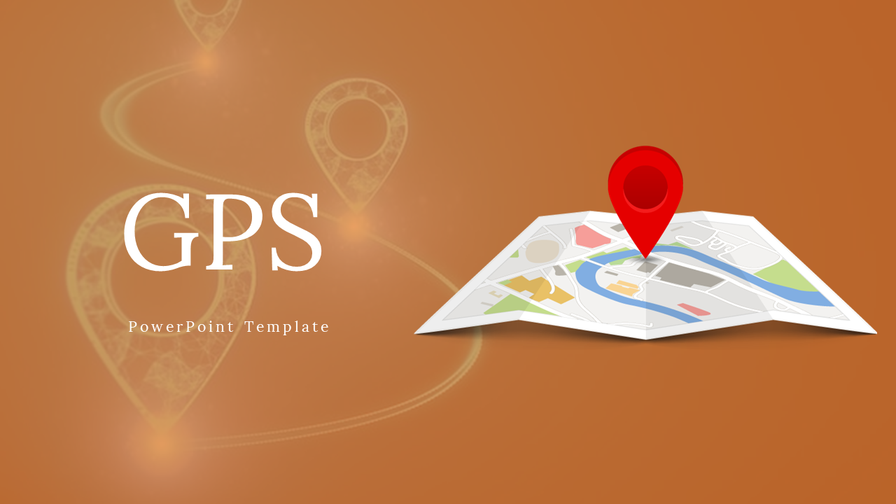 A pack of GPS slides highlighting various uses of GPS technology and text descriptions on an orange theme and pictures.