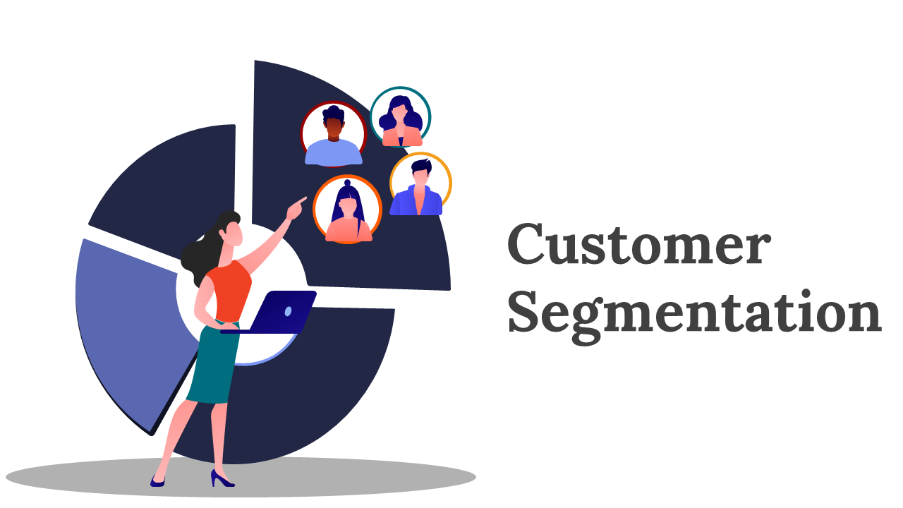 Slide pack for customer segmentation, featuring pie charts, icons, and color-coded segments for various data categories.