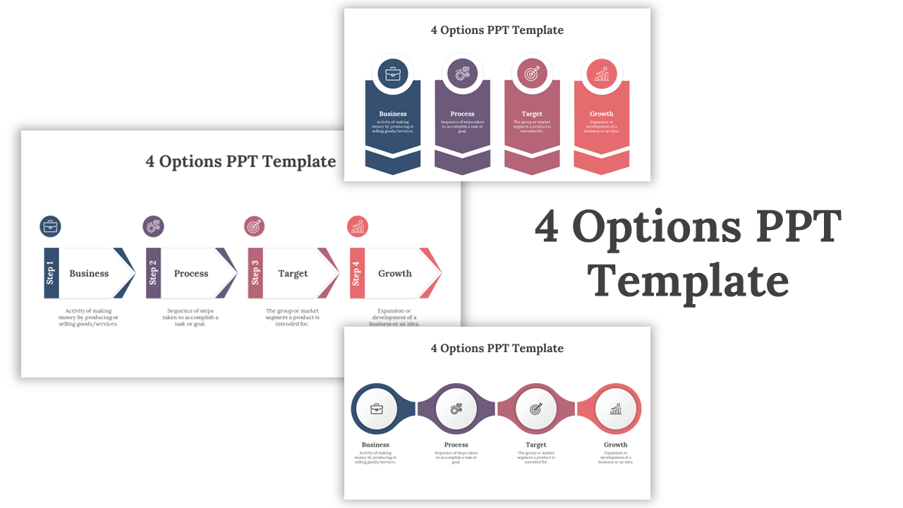 Slide deck with four step process layout in blue and red shades, showing business, process, target, and growth options.