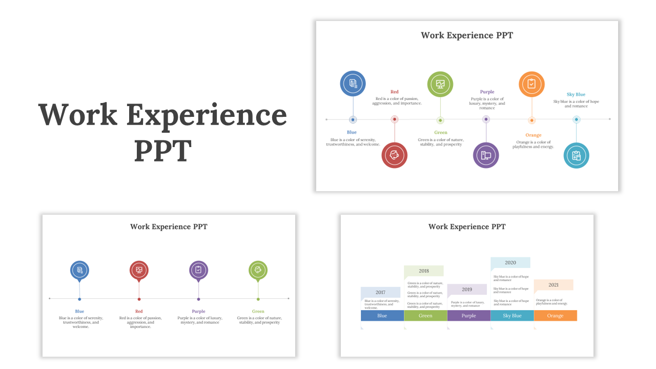 Work experience PPT showcasing multiple slides with timeline graphics and step by step representations of career growth.