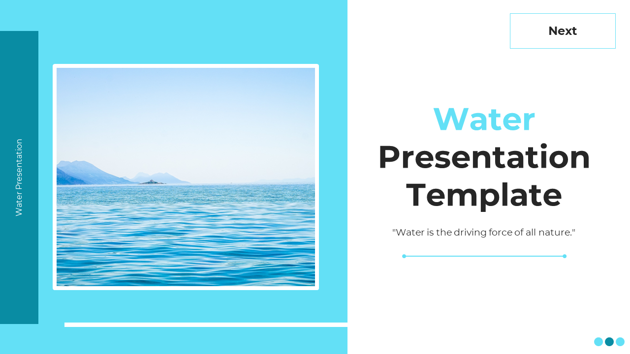 Slide deck with light blue accents, featuring water imagery, discussing scarcity, pollution, and conservation.