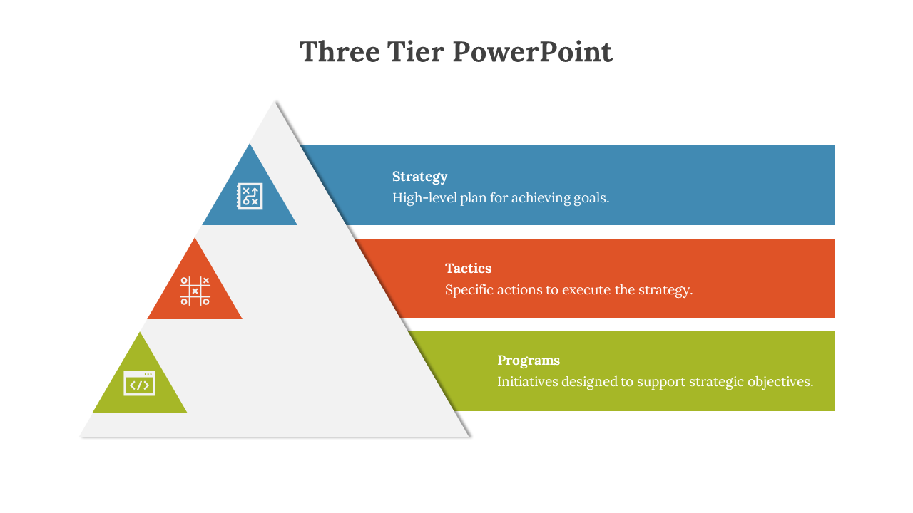 Three tier slides featuring a pyramid structure with labeled sections strategy, tactics, and programs, each with icons.