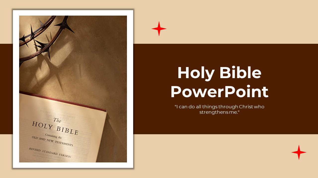 Slide deck with a Bible theme, showing a image of the Holy Bible and sections on creation, love, and wisdom, with  visuals.