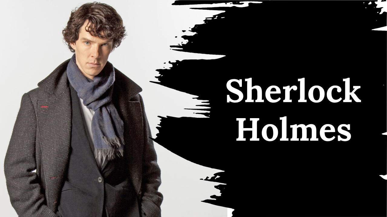 Slide pack featuring Sherlock Holmes with multiple character images and sections, designed with a black and white theme.