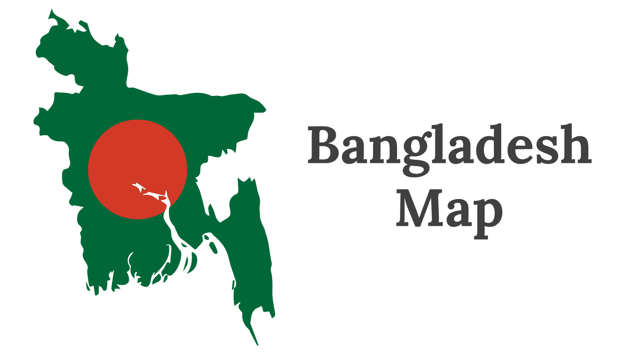 Bangladesh map slide deck featuring green illustrations, flag symbols, and demographic data visualizations.