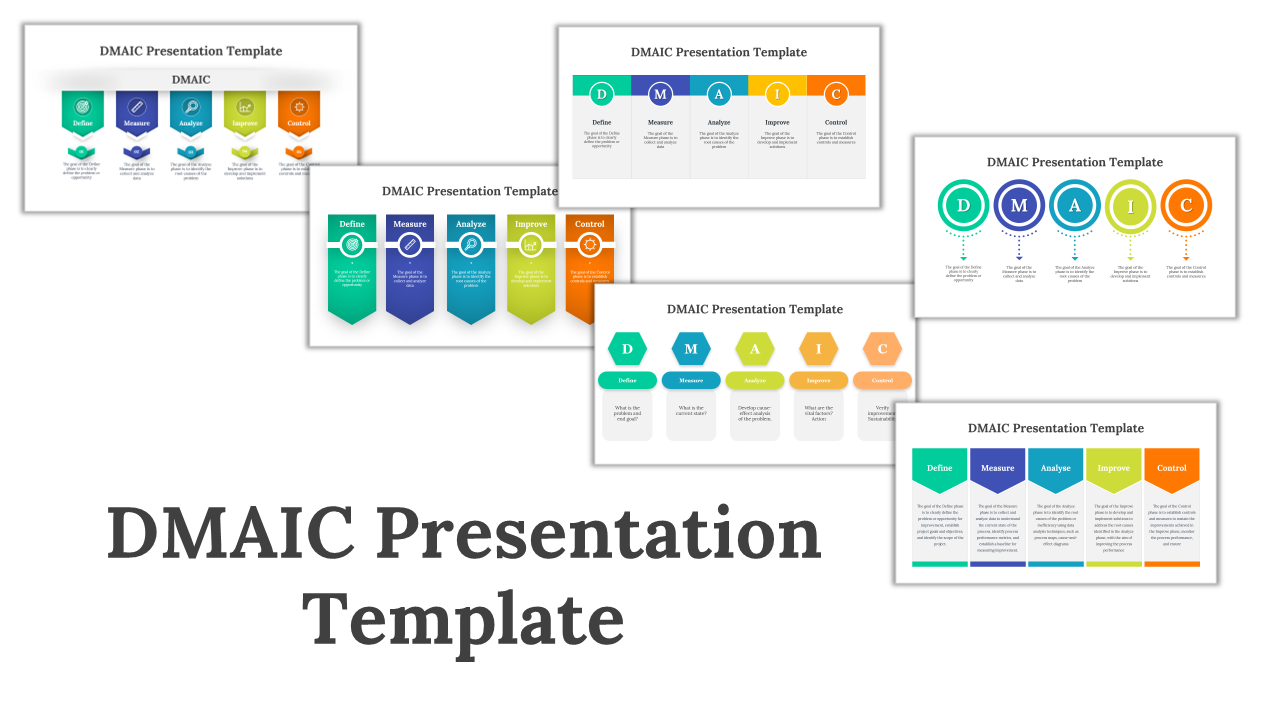 A pack of slides featuring a collage of DMAIC showcasing colorful diagrams and icons with different layouts.