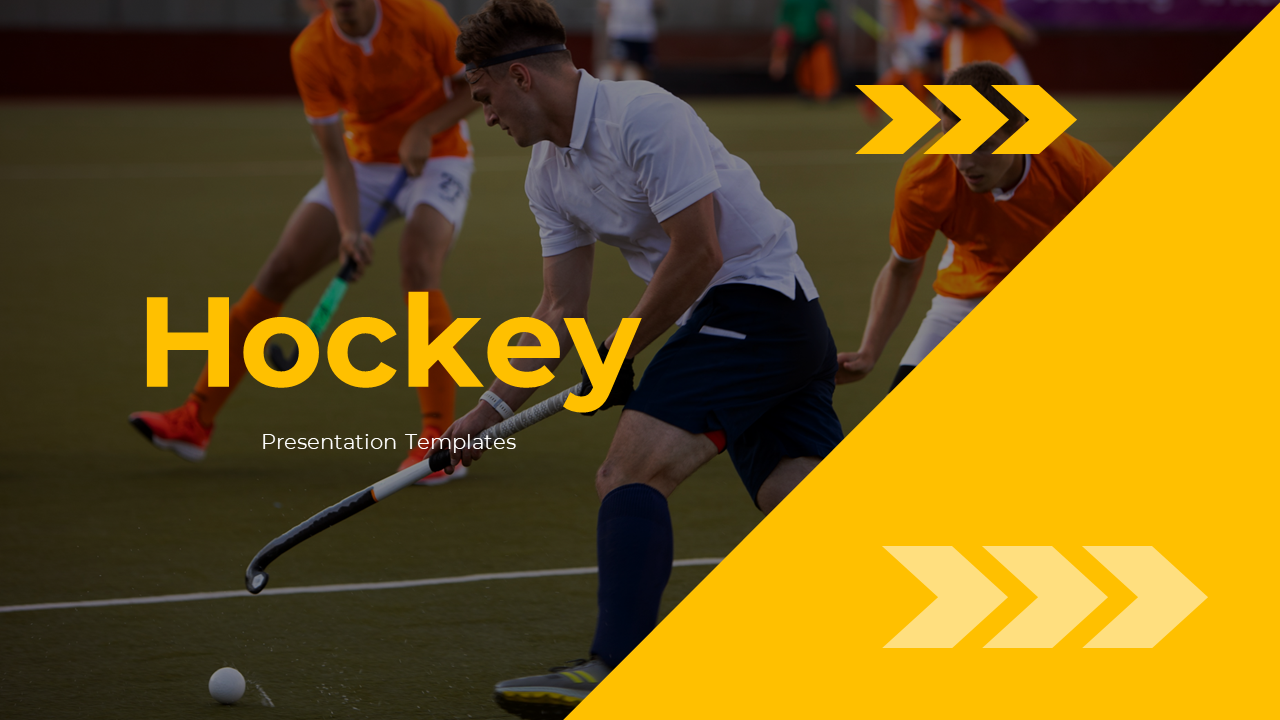 Slide deck on hockey with yellow and black design, covering topics such as positions, international tournaments, and gear.