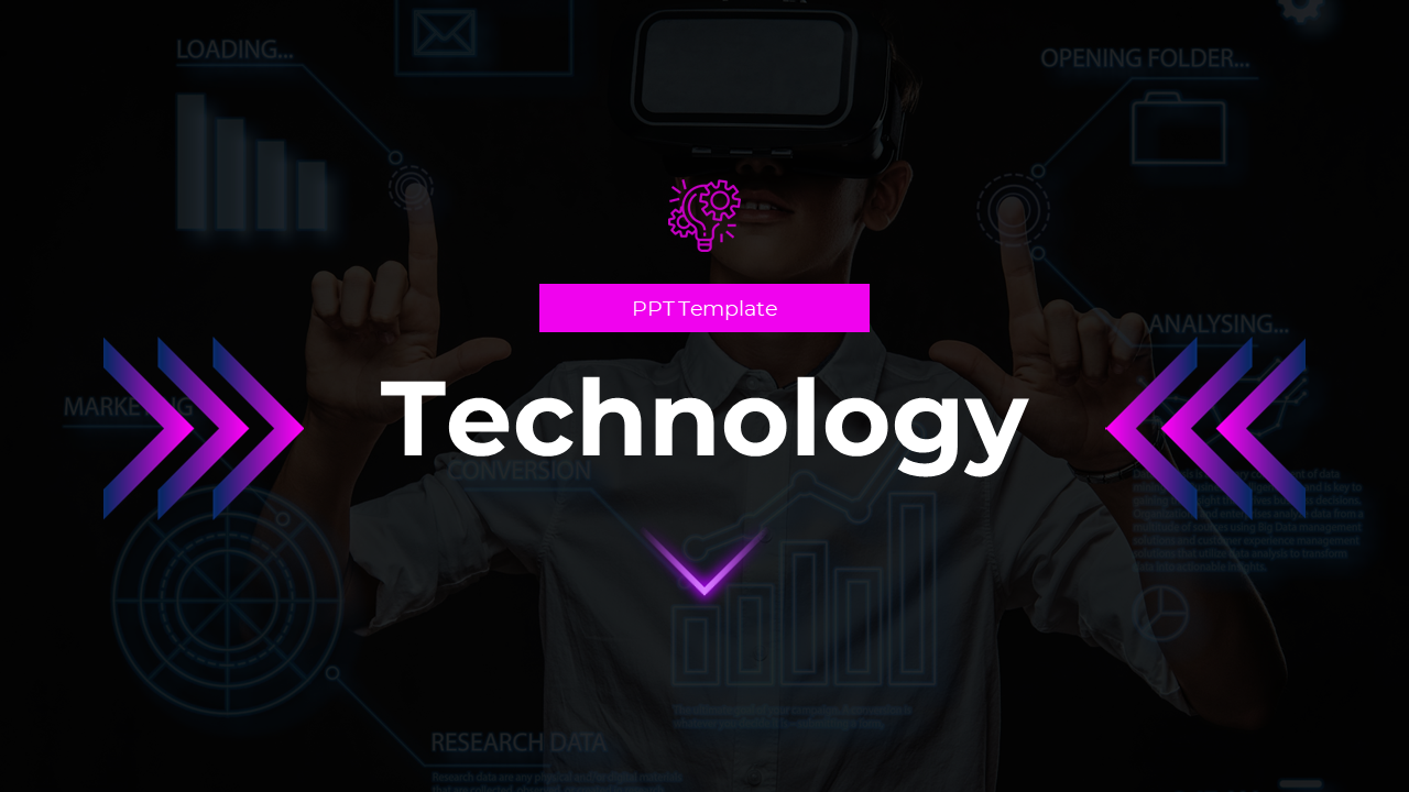 Technology-themed cover slide deck featuring a person wearing a VR headset with digital data visuals in the background.