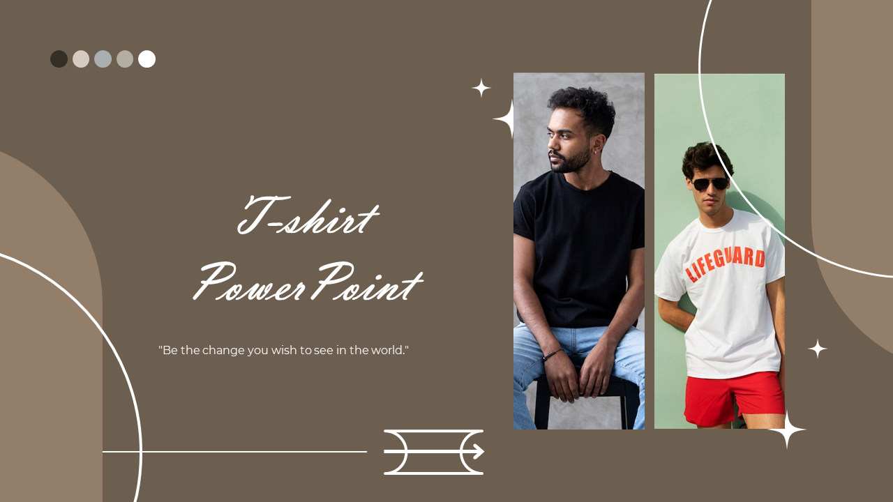 Slide deck featuring two models in different T-shirts, set against a brown, design-rich background.