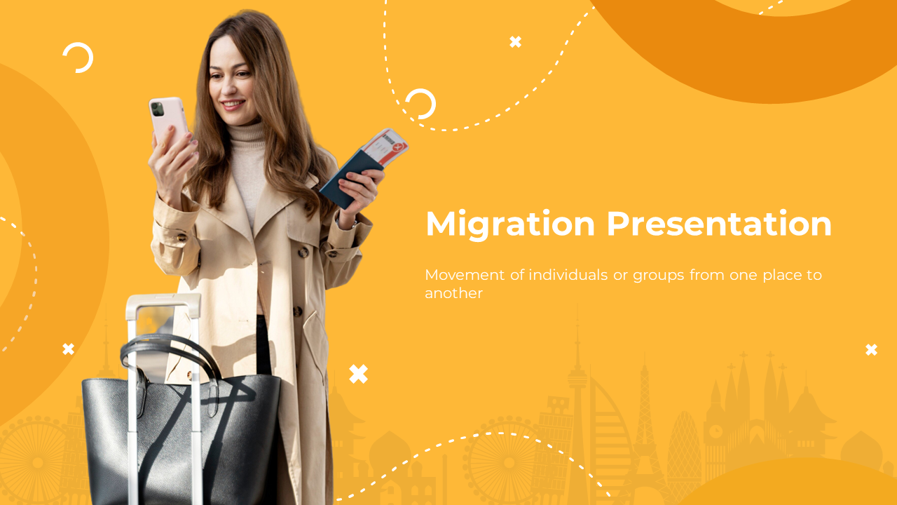 Slide deck with bright orange theme, featuring images on causes, types, and the impact of migration.