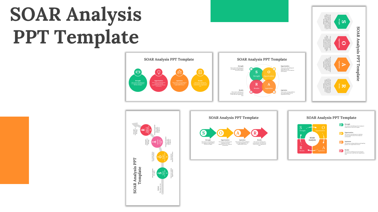 SOAR analysis slide deck with white backgrounds, featuring colorful diagrams for strengths, opportunities, and results.