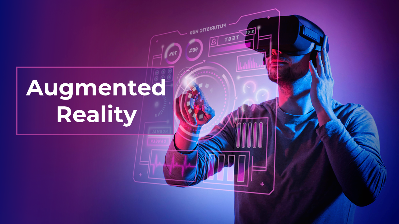 Augmented reality slide pack with purple and blue gradient backgrounds, showcasing images of virtual reality and technology.