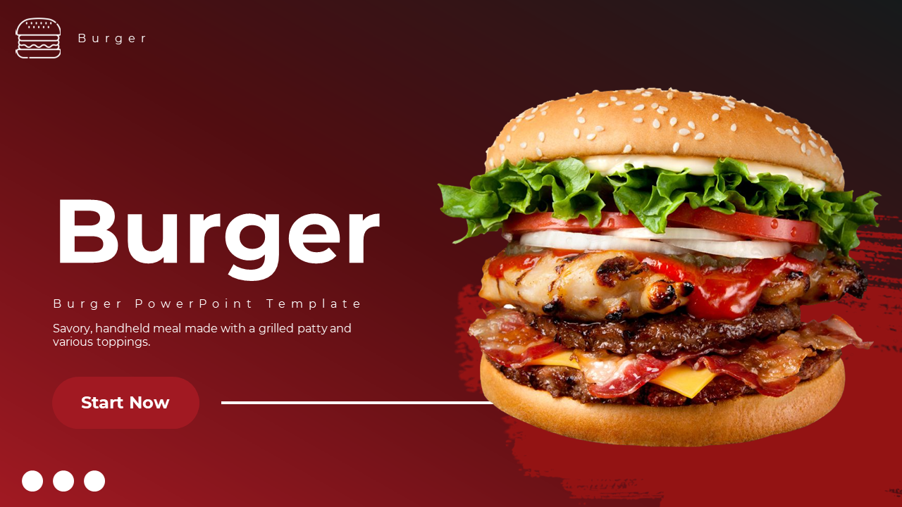 Burger PPT template featuring a large burger image, with slides on history, types of burgers, toppings, and trends.