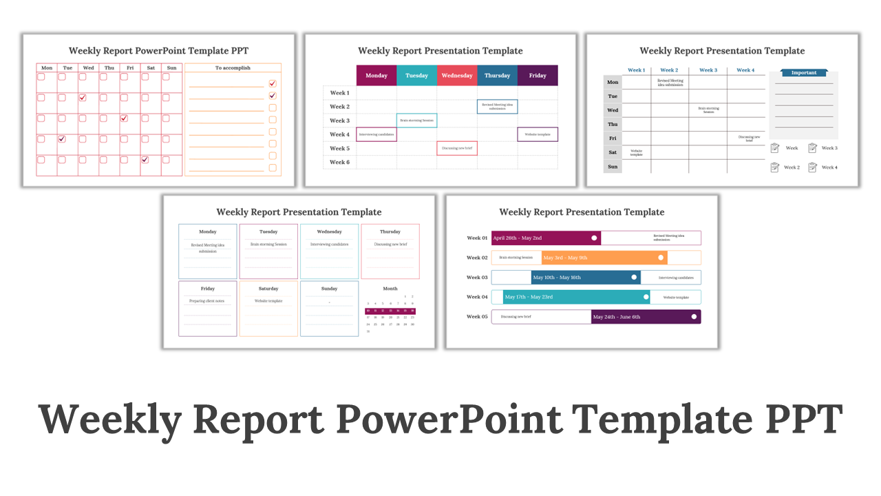 Pack of slides featuring various layouts containing colorful bars indicating metrics on weekly report.