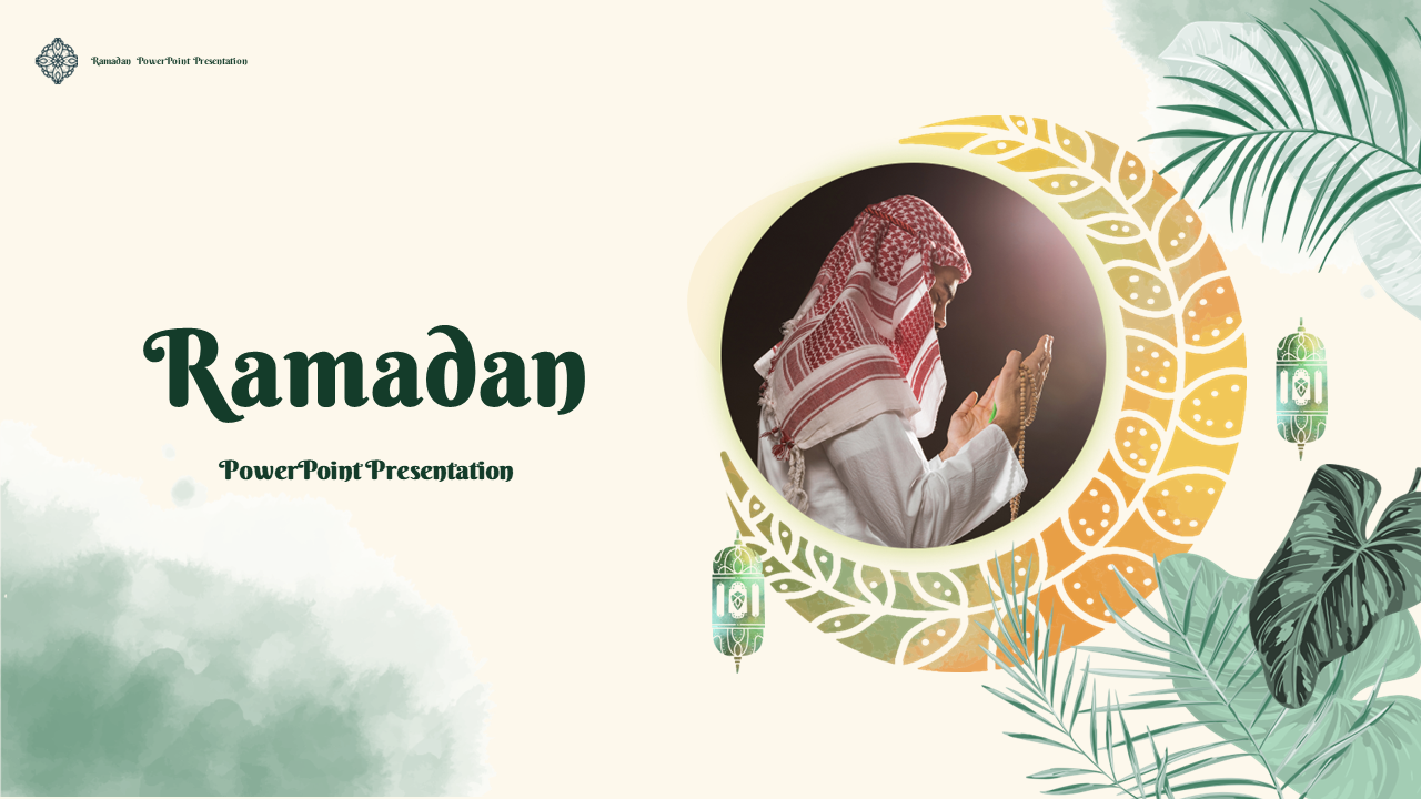 Slide pack with green decorative elements focusing on Ramadan prayers, fasting and cultural practices with related images.