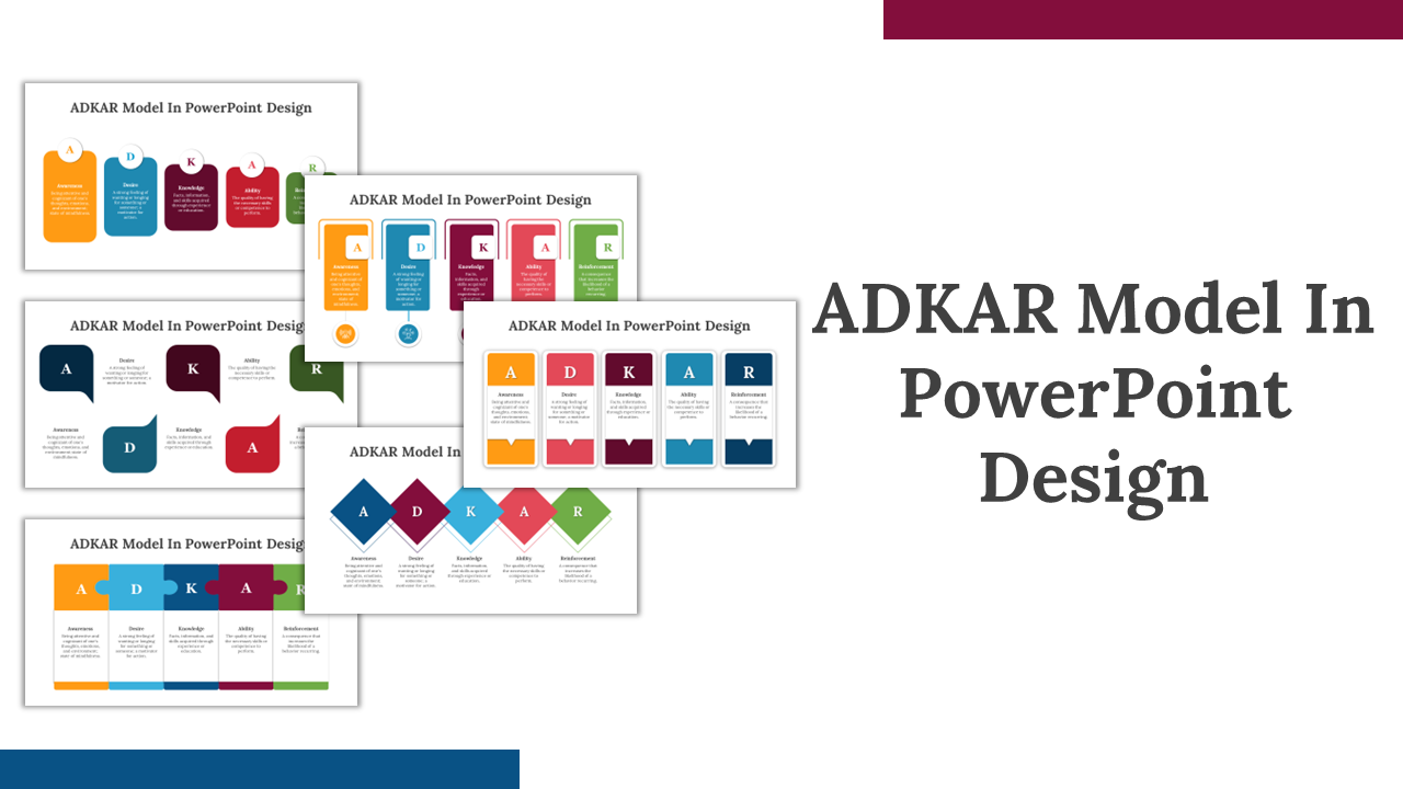 PowerPoint slides showcasing ADKAR change management model with colorful design layouts with icons.