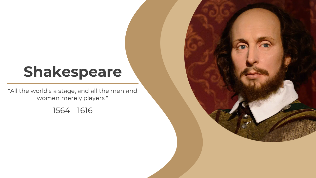 Shakespeare slide deck with a portrait and sections covering his life, works, controversies, adaptations, and legacy.