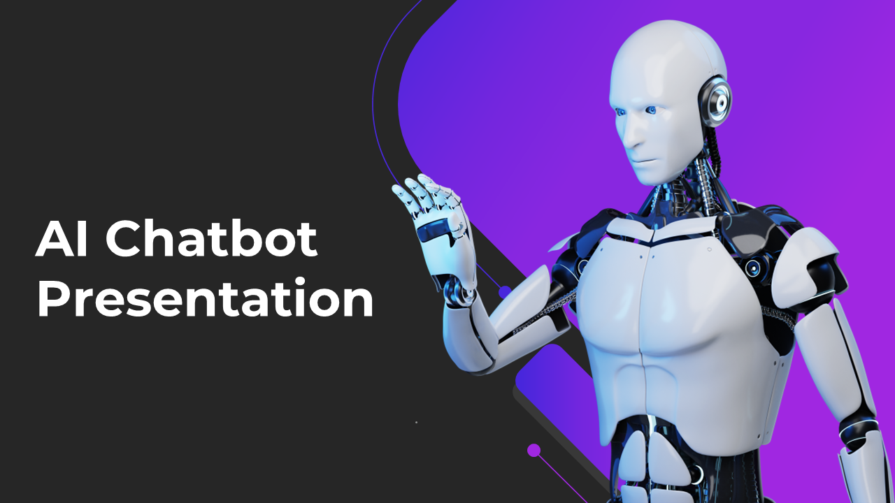 Slide deck with dark background and purple accents, featuring robot illustrations and AI chatbot concepts.