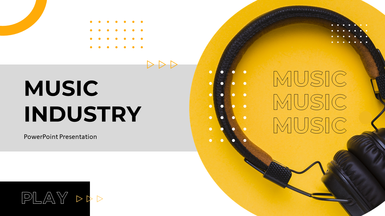 Slide deck with a music industry theme, including images of artists, concerts, and text with vibrant yellow backdrop.