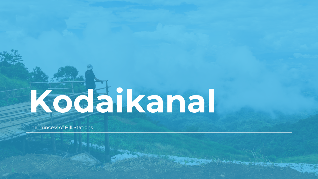 Deck of Kodaikanal slides with blue-themed slides, including images of natural beauty, cuisine, and tourist spots.