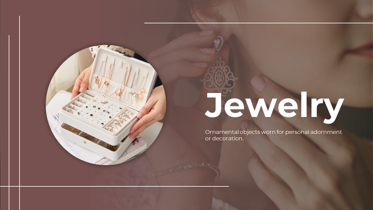 Visual presentation on jewelry covering types, care, maintenance, and current trends across multiple slides.