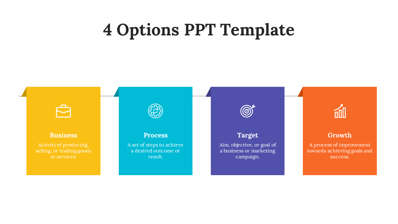 A pack of 4 options slides displaying business, process, target, and growth concepts in various colorful layout designs.