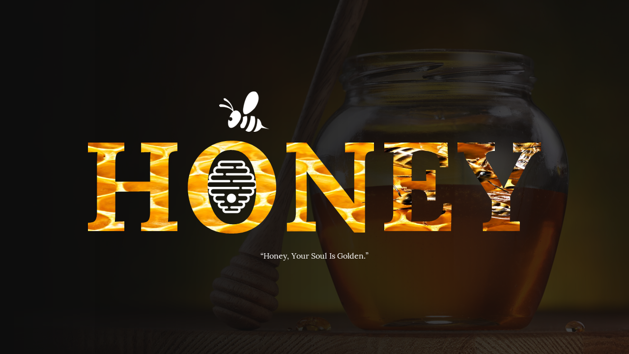 Golden themed slide deck focusing on the history, production, and natural benefits of honey, with rich visuals.