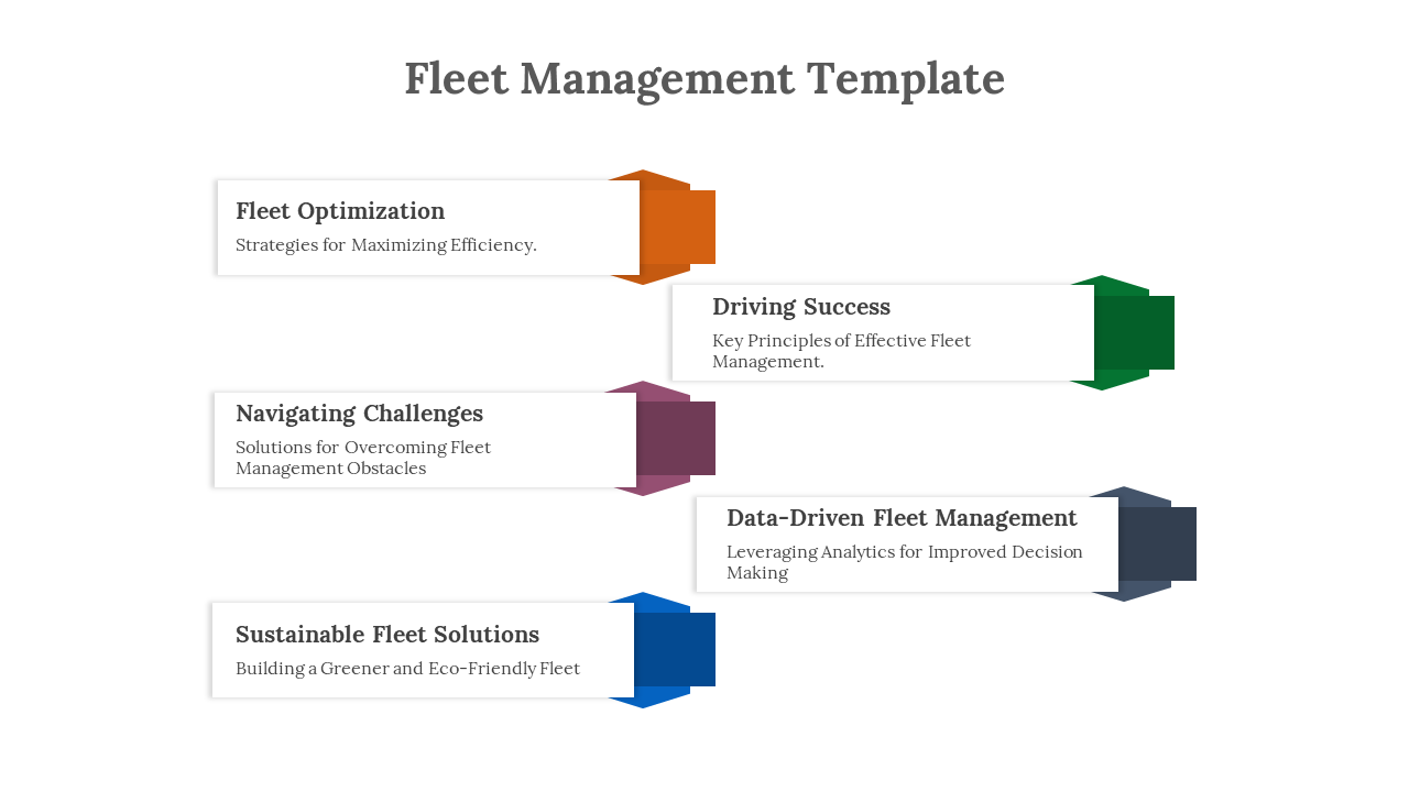 A pack of fleet management slides showcasing five sections with different colored layout designs.