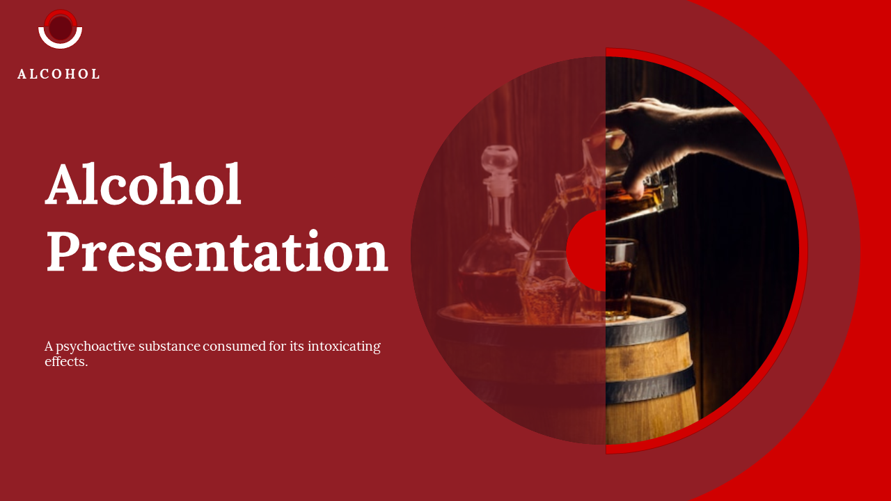 Set of slides with circular images and red backgrounds, covering topics like alcohol types, effects, and history.