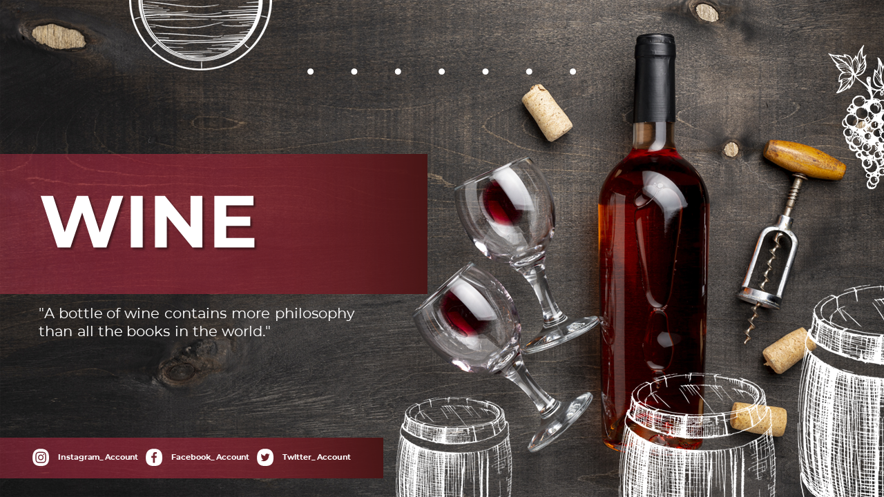 Slide deck featuring images of wine bottles, glasses, and corks, covering varieties, tasting, and regions, with red accents.