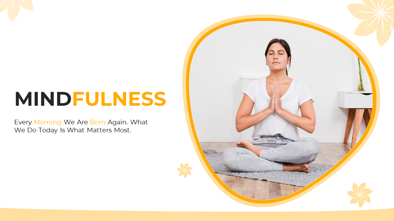 A pack of mindfulness slides featuring women's meditating, emphasizing the importance of the present moment.