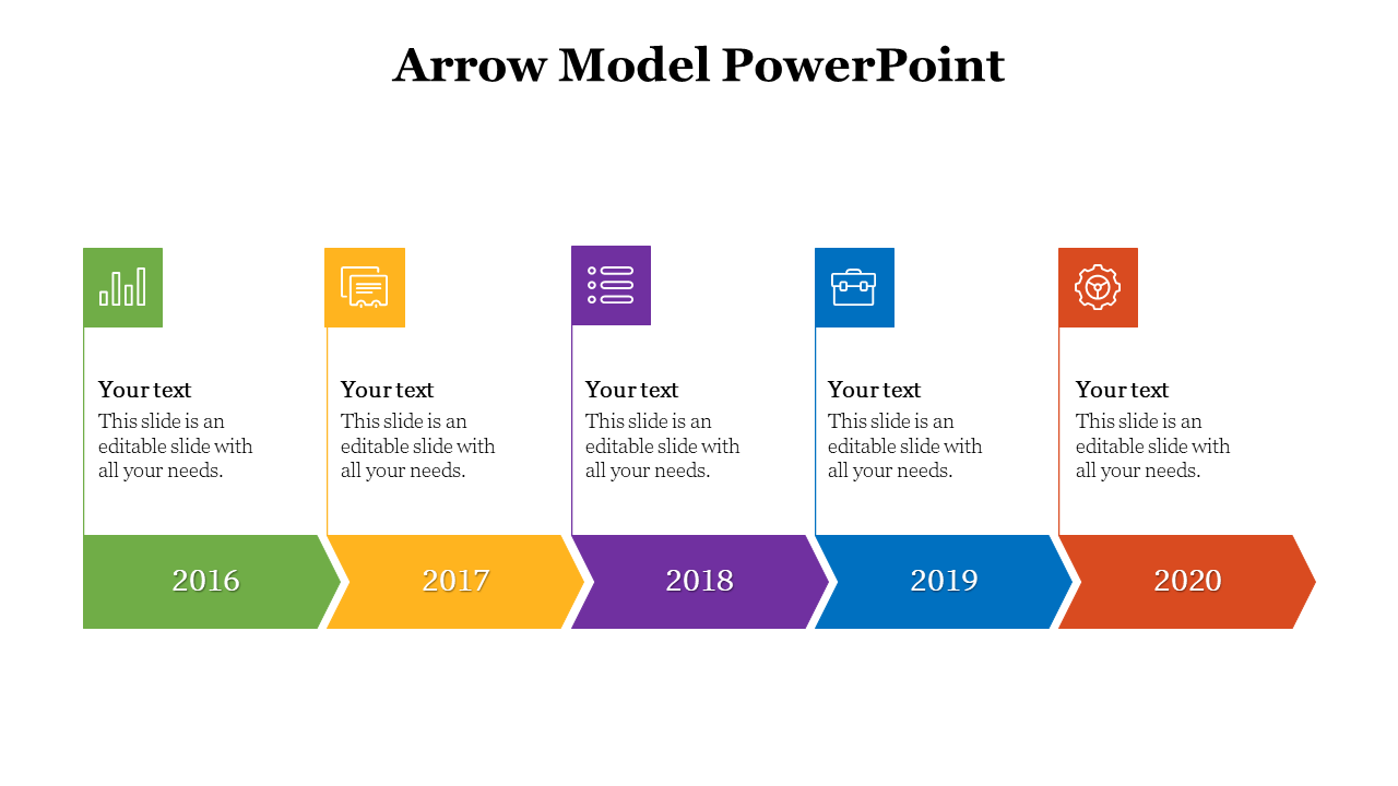 Slide deck featuring colorful arrow designs for timelines, circular flows, and multi step visual representations.