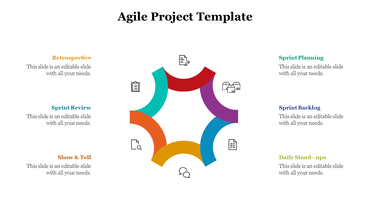 Slide deck for agile projects with diagrams illustrating steps like scrum, sprint, and retrospective, using vibrant colors.