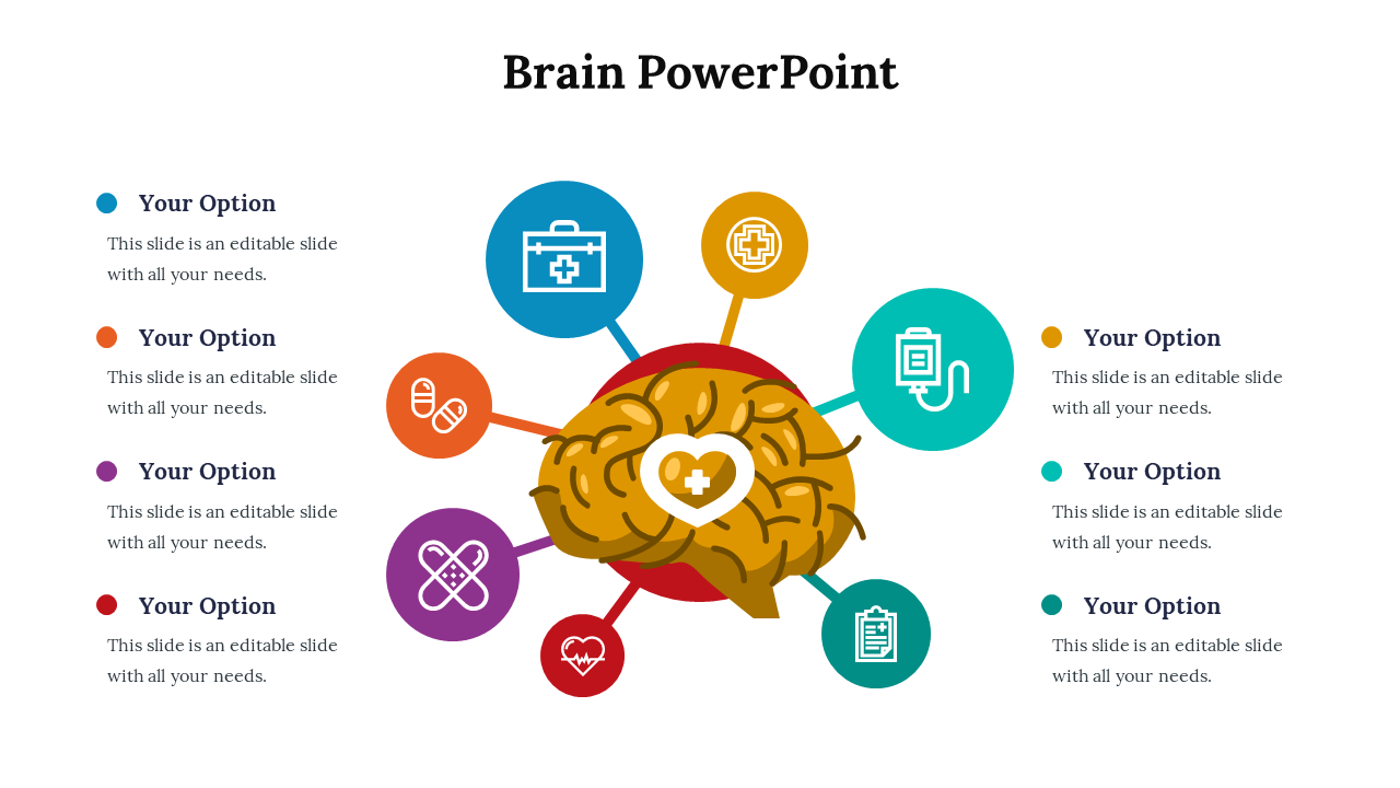 Slide deck showcasing various brain illustrations with icons, sections, and options in vibrant colors.