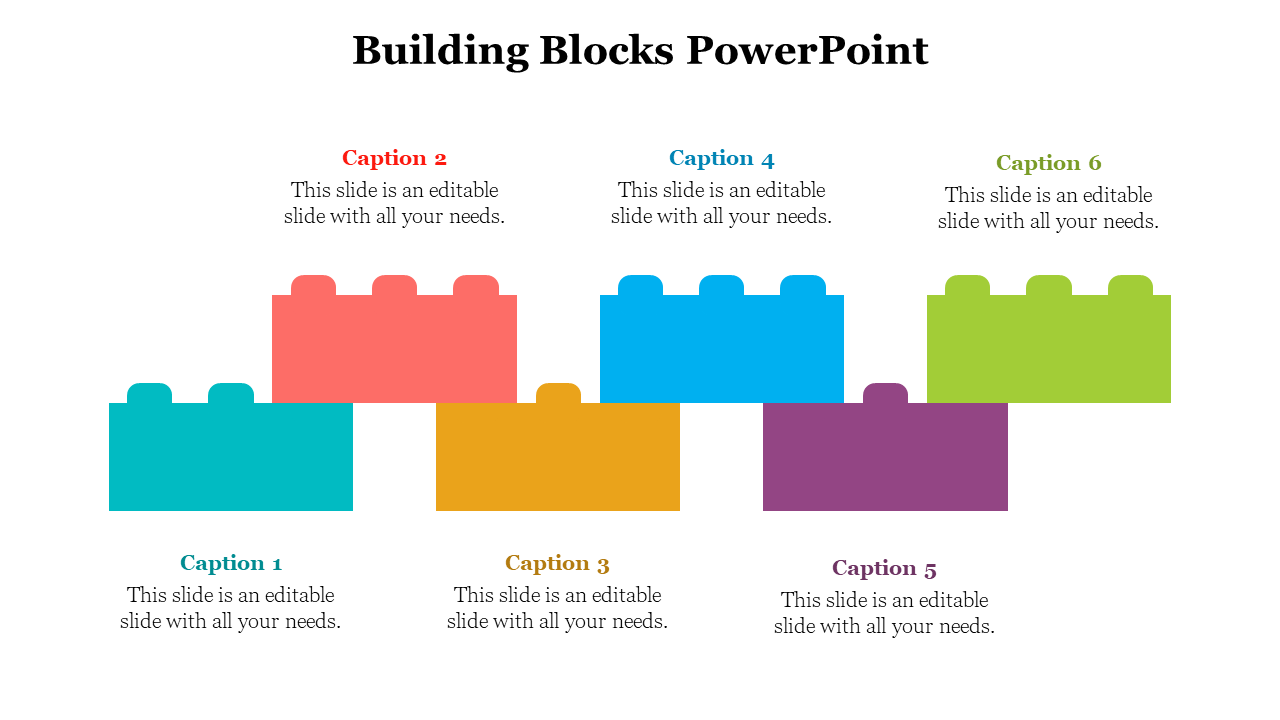 Slide deck showing six stacked building blocks in various colors and shapes each with an placeholder text areas.