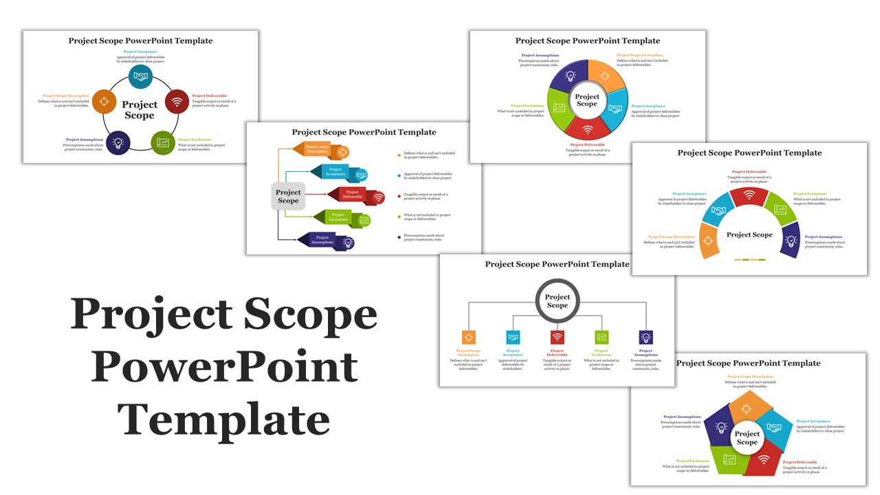 Multiple slide layouts displaying different project scopes with colorful diagrams and text boxes with icons.