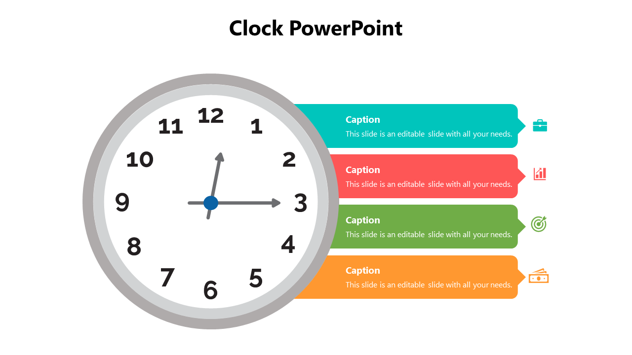 Comprehensive template featuring various clock themed slides for timelines, schedules, and process illustrations with icons.