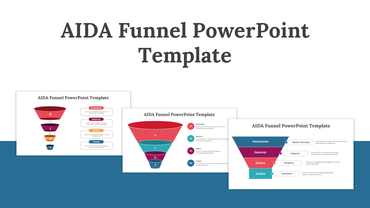 Three AIDA funnel presentation slides illustrating the funnel stages with varying color schemes and design layouts.