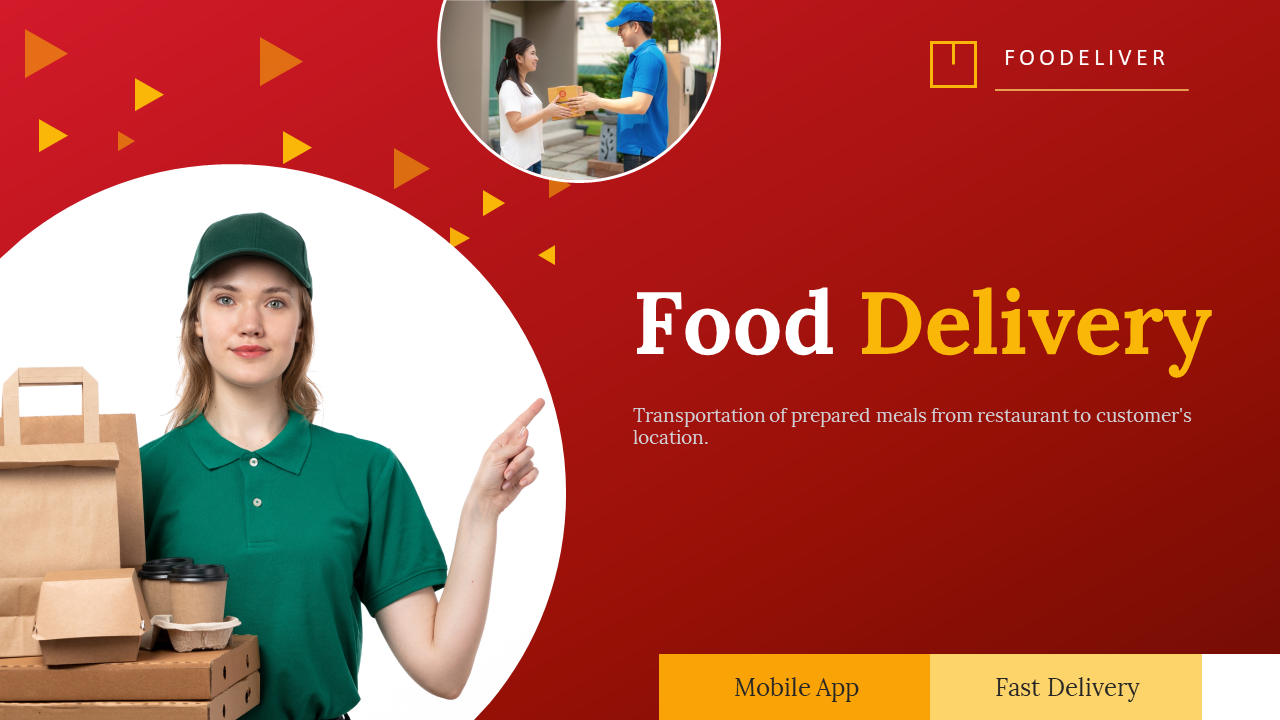 Food delivery slide deck featuring a delivery person with food packages and circular image of delivery in action.