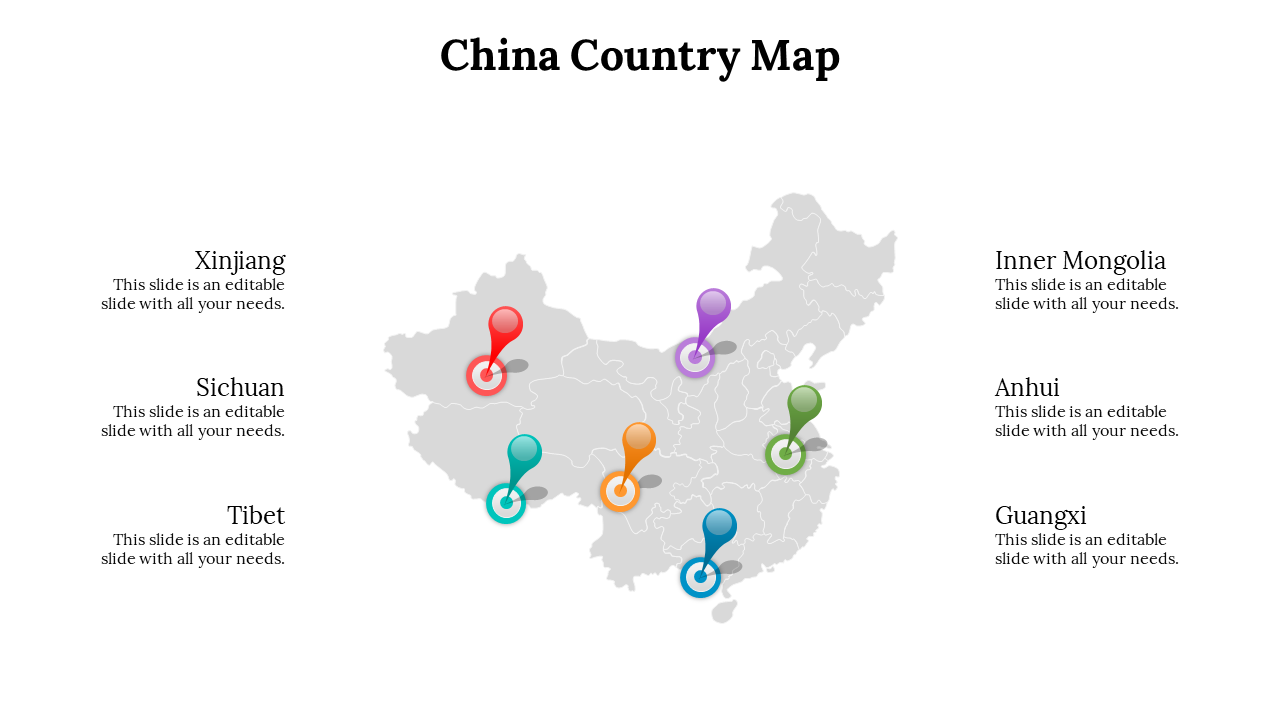 Set of slides showcasing maps of china with highlighted regions and data points with text descriptions.