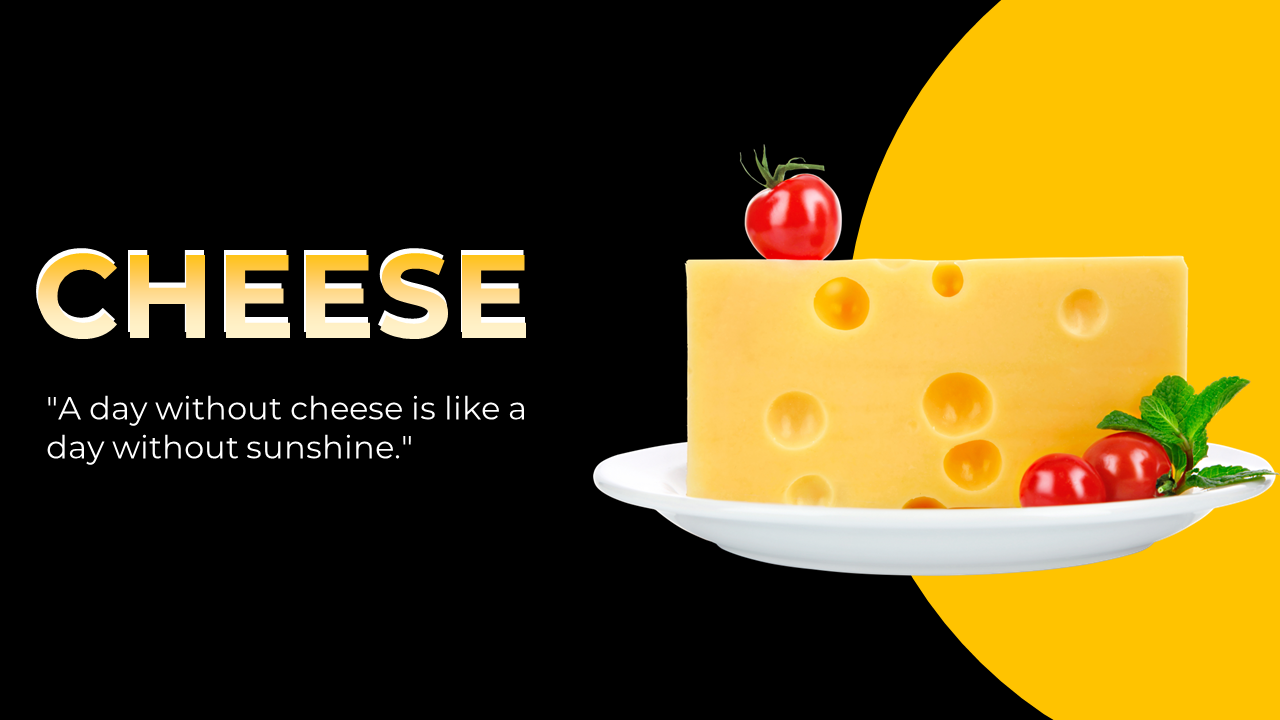 A pack of cheese slides featuring a cheese block, cherry tomatoes, and a quote covering various topics with images.