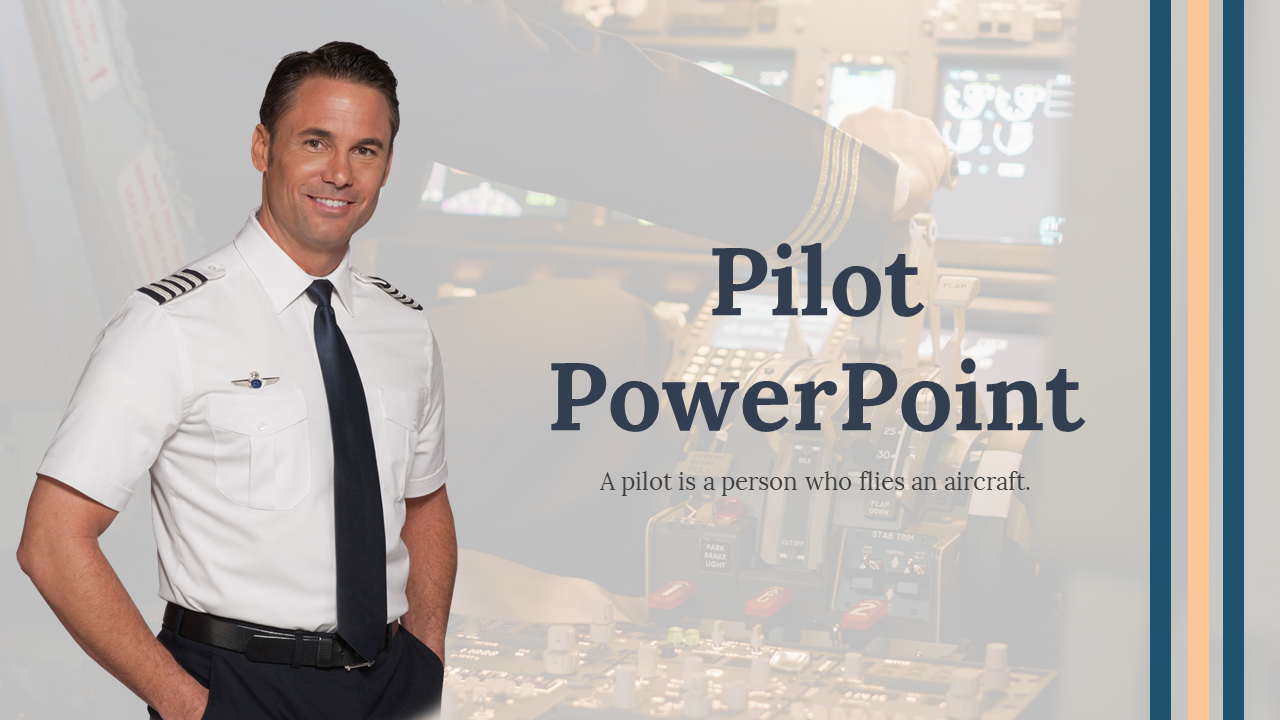 Slide deck featuring images of pilots in uniform, aviation history and safety, designed in blue and beige tones.