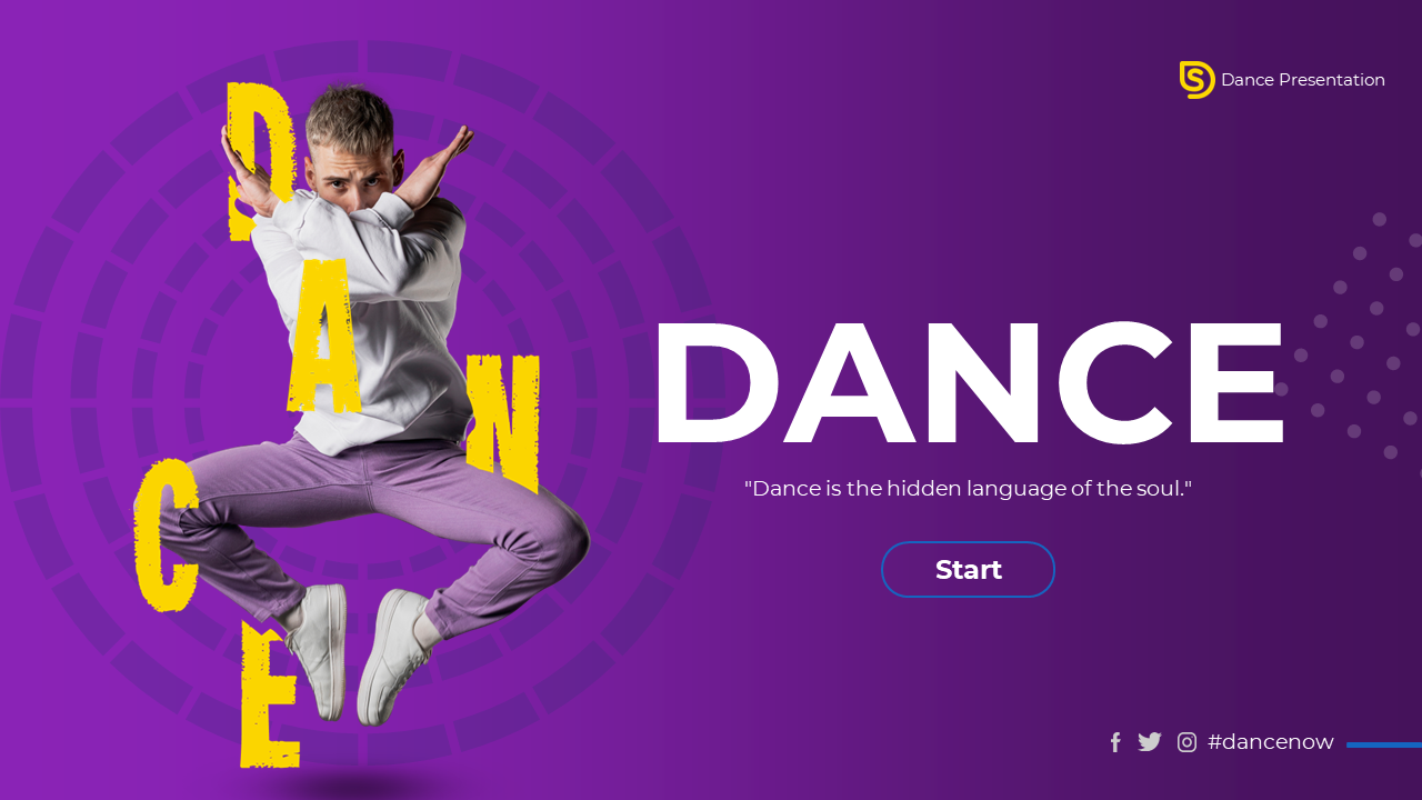 Dance presentation slides featuring a dancer  on a purple background, with smaller slides below discussing dance topics.