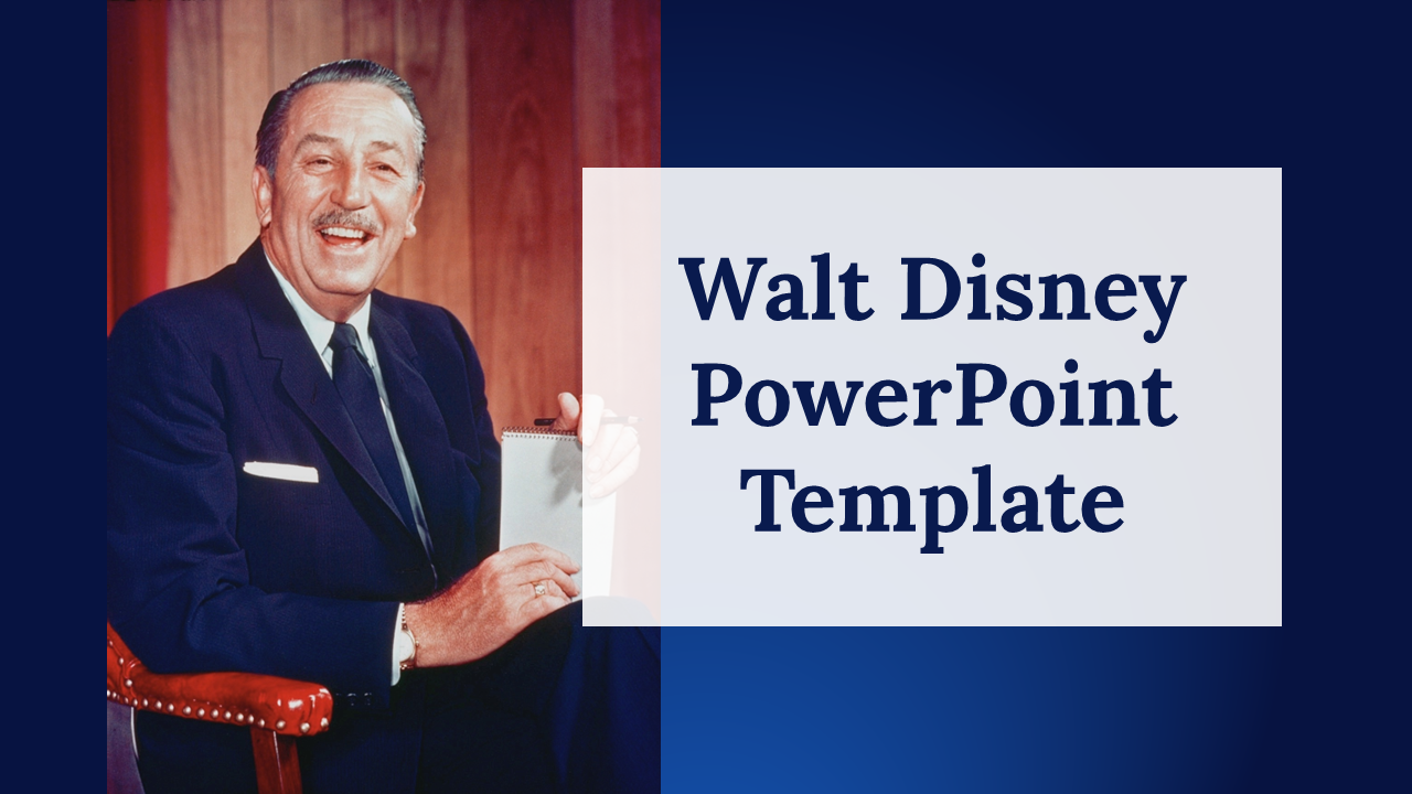 Walt disney PPT slides featuring sections on disney's history, characters, and corporate structure on a blue theme.