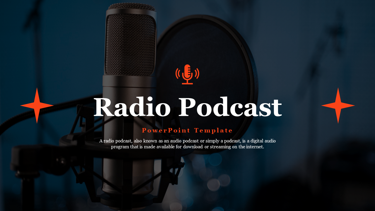 Radio podcast-themed deck with a main slide showing a microphone and title, and several detailed slides below.